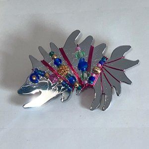 Vintage LIZTECH 1998 Cut Out Beaded Fish Silver Tone Brooch Pin